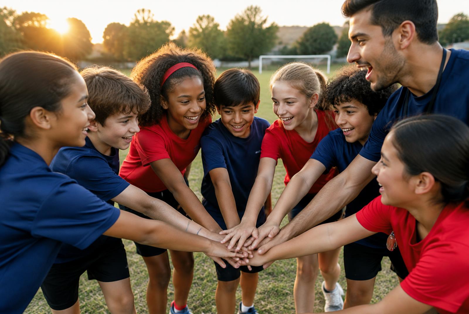 Trailblaze coach and kids in a team huddle on the field