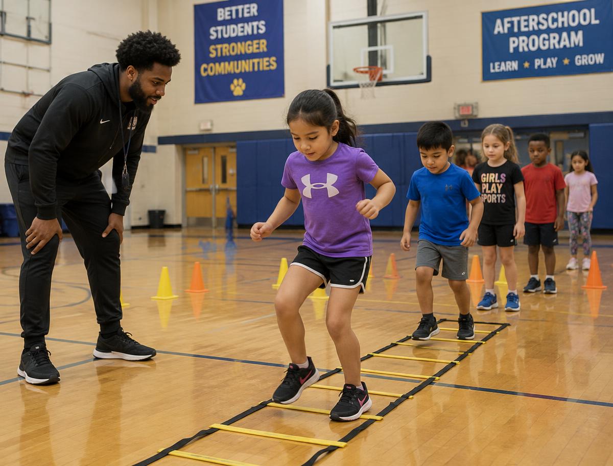 Students running an agility ladder drill in a school gym