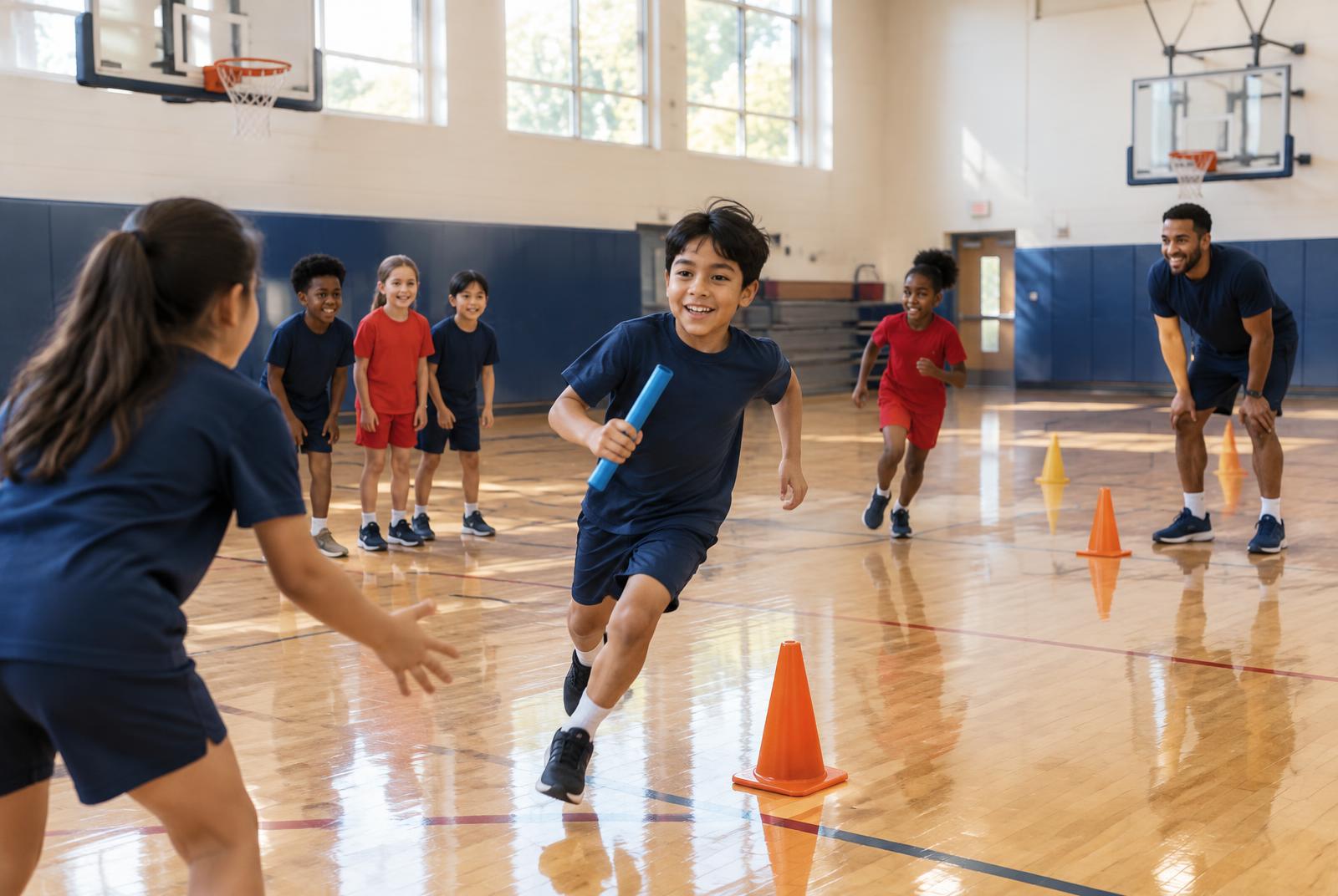 Elementary students running a relay with a coach in a school gym