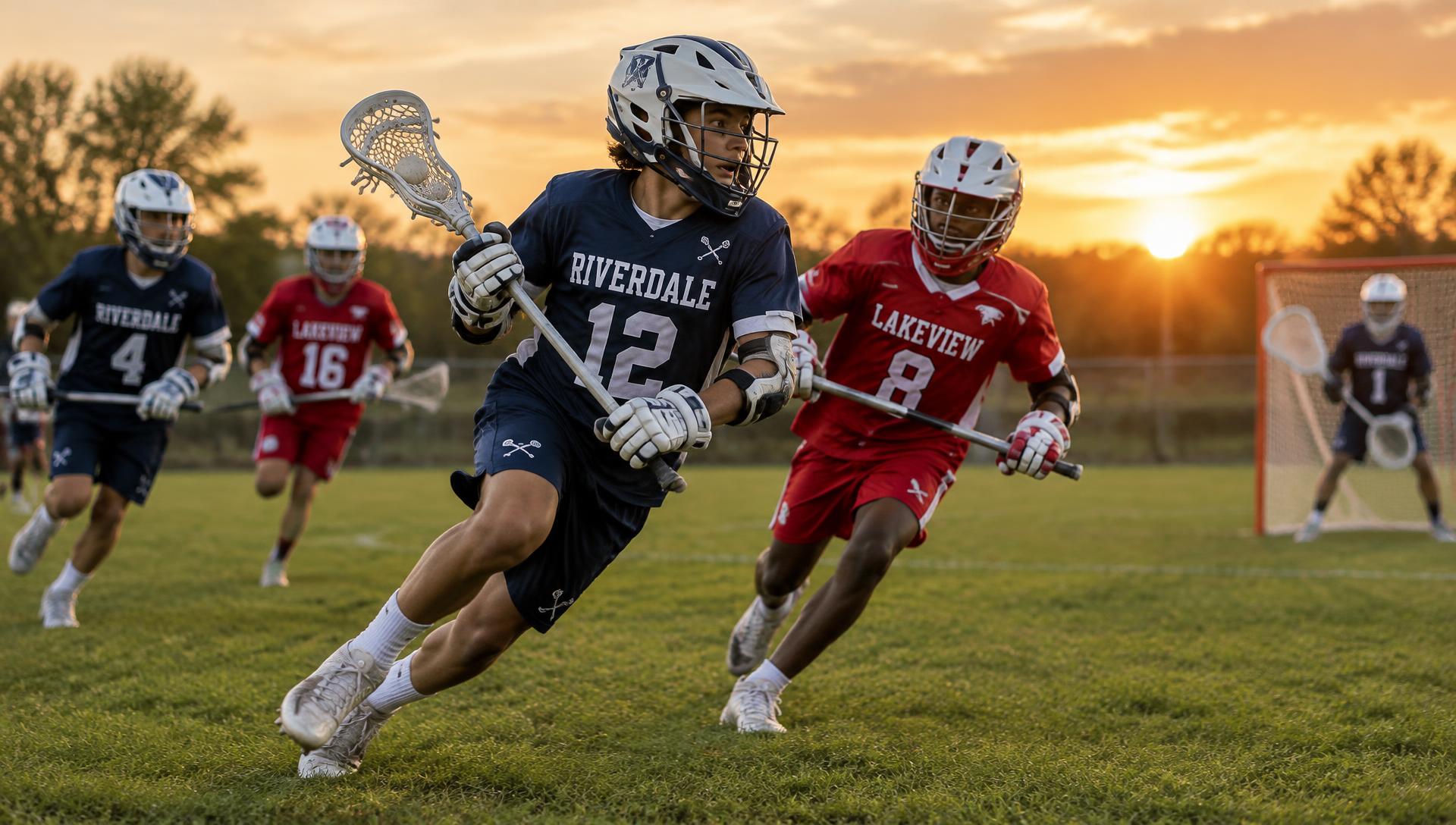 Youth lacrosse players running on the field