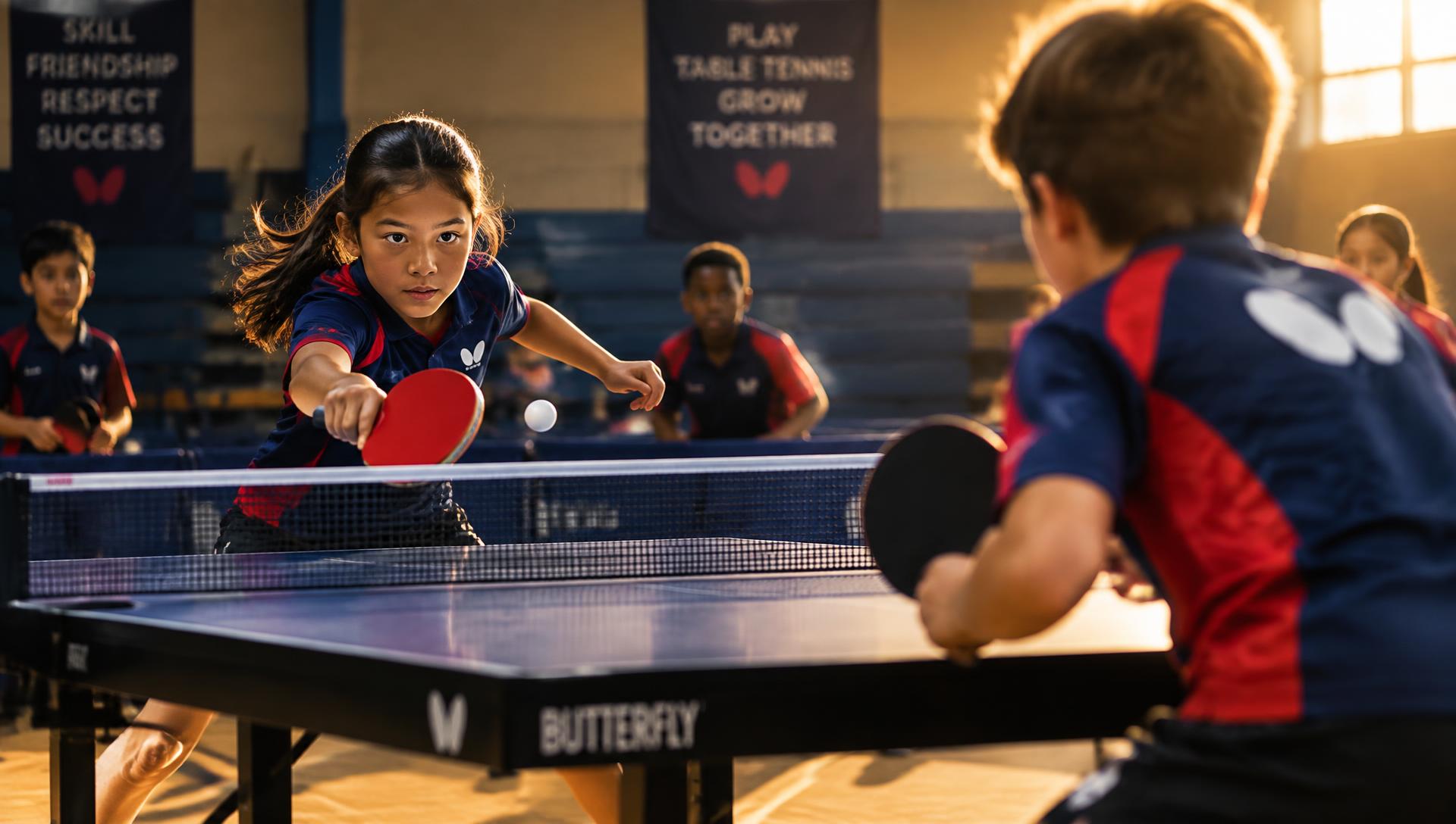 Young players competing in a table tennis match