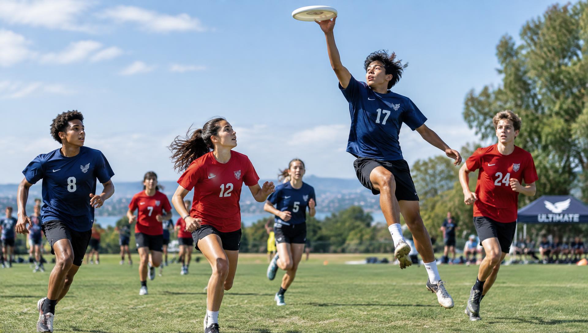 Teen ultimate frisbee players leaping for the disc